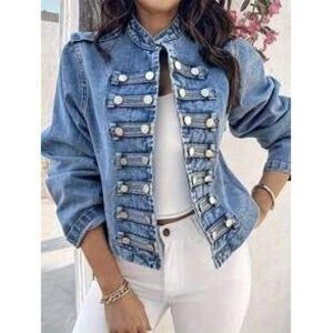 Women's Large-Sized Washed Blue Short-Sleeved Denim Jacket With A Stand-Up Coll…